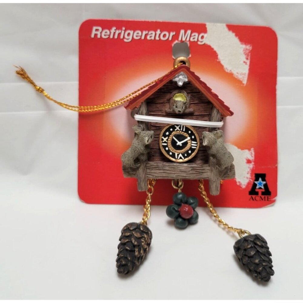 Acme Vintage Cuckoo Clock Refrigerator Fridge Magnet Squirrels Pinecones #92001C